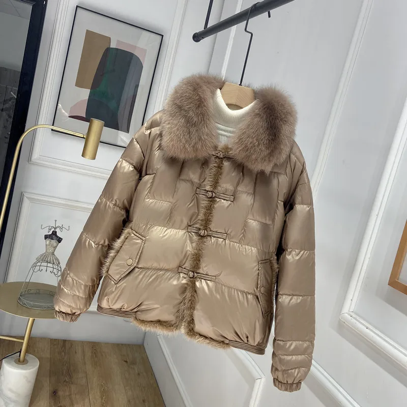 2023 Real Fox Fur Collar Winter Women 90%White Duck Down Jacket Ladies Short Warm Puffer Coat Female Loose Vintage Parka