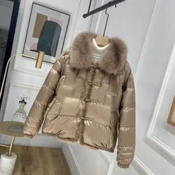 2023 Real Fox Fur Collar Winter Women 90%White Duck Down Jacket Ladies Short Warm Puffer Coat Female Loose Vintage Parka