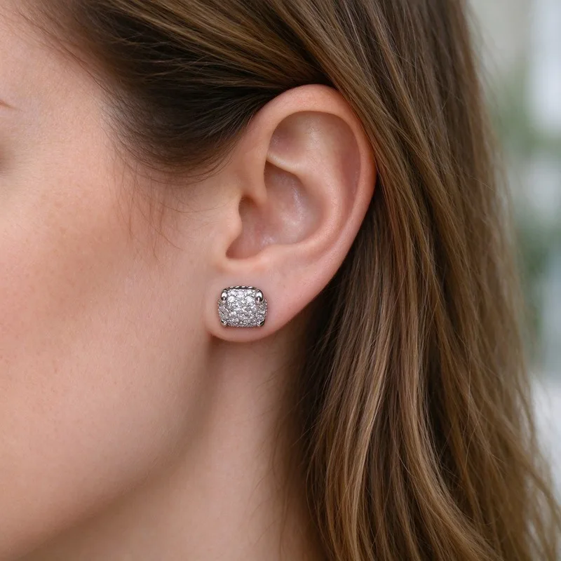9mm Square Pave Cubic Zirconia Stud Earringsfor Women, Four Prong Setting Full DiamondStuds, Silver Tone Alloy Earrings Gold Post,Sparkling Shiny Stones, Secure Butterfly Backing,Elegant Minimalist Jewelry Gift for Her, DailyWear Office Party Date
