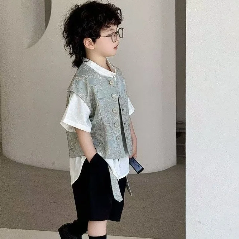 

Boys' Short Sleeved Shirt Set Round Neck Vest Retro Hanfu Standing Collar Chinese style Summer Style Fashionable Tang 3pcsStyle