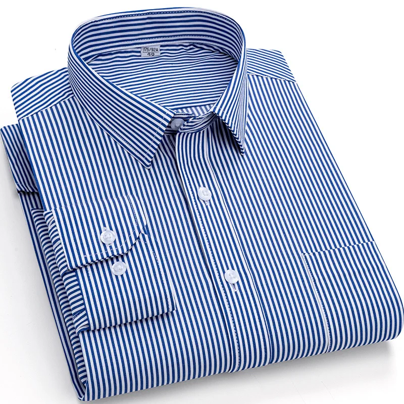 Men's Classic Mature Striped Long Sleeve Dress Shirt with Pocket, Regular Fit All Season Formal Business Button-Up Shirts