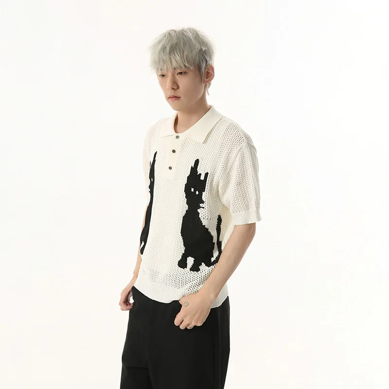 WTHT العصرية الرجال الكرتون طباعة زر الجوف خارج تصميم تي شيرت موضة قصيرة الأكمام التلبيب بلوزات فضفاضة الذكور 2025 الصيف 2A0588