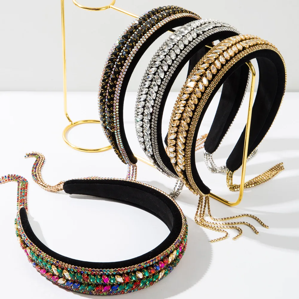 

Velvet fabric court style sponge headband women's heavy industry inlaid with diamond tassel temperament beautiful ball hair acce
