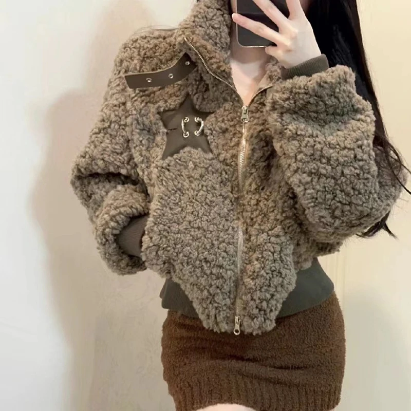 

MEXZT Vintage Lamb Wool Coat Women Cropped Stand Zipper Jacket Winter Streetwear Korean Long Sleeve Warm Casual Short Outerwears