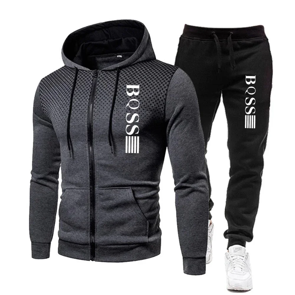 

2025 New Men's Sports Set Spring and Autumn Outdoor Running Clothing Dot Print Zipper Hoodie Sports Pants Two Piece Set