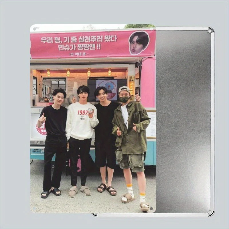 K-pop Stars Visit Food Truck! Retro Metal Tin Sign - Korean Food Truck Scene with idols, Pre-Drilled Hanging Holes for Easy Ins