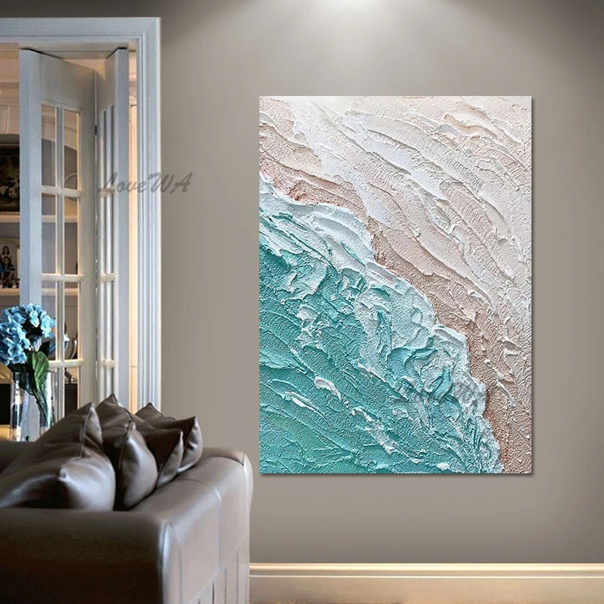 Beach Beautiful Scenery Wall Painting Sea Wave Acrylic Texture Design Art Abstract Picture Canvas Roll Unframed Handmade Artwork