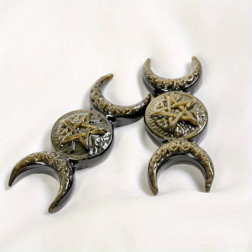 1Pc Natural Silver Obsidian, Golden Obsidian Three-Phase MMoon, Suitable for Collection, Home Decor, Bedroom Decoration