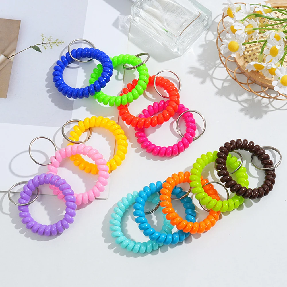 Colorful Spiral Wrist Coil Key Chain Multipurpose Retractable Elastic Anti-Loss Wristbands Bracelet Car Key Holder For ID Badge