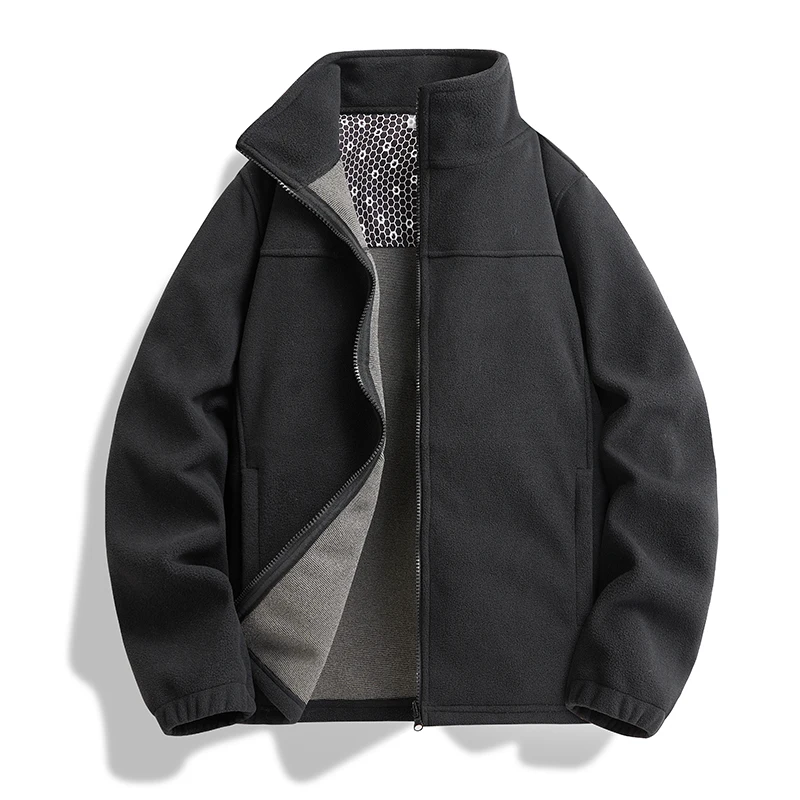 Men Warm Polar Fleece Coat Zip‑Up Stand Collar Lightweight Outer Jacket for Outdoor Sports Travel Fall Winter Daily Activities