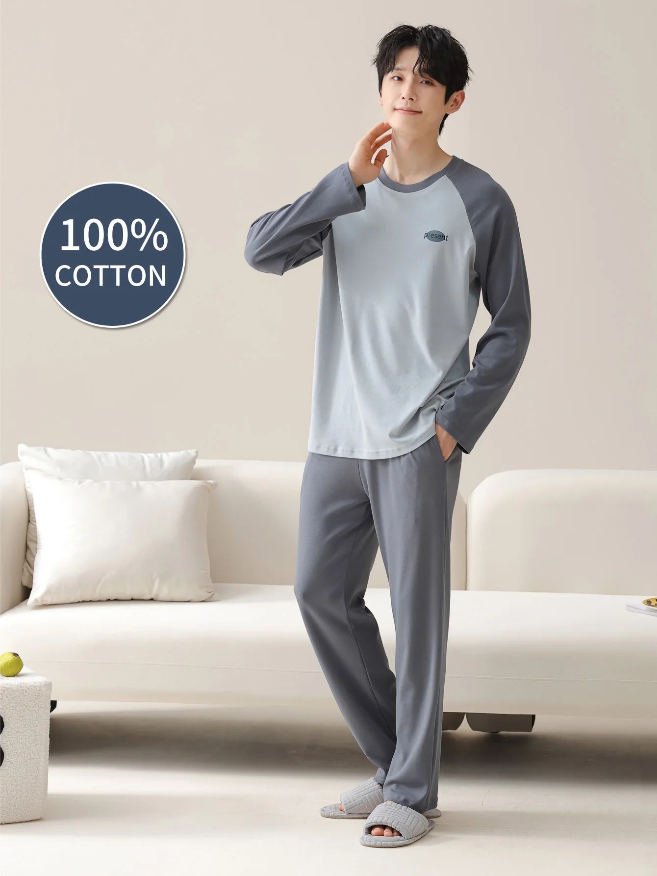 ملابس نوم رجالية 100% قطن بأكمام طويلة للفصول الأربعة مقاس كبير، طقم بدلة منزلية من القطن الخالص للمراهقين للدفء #1