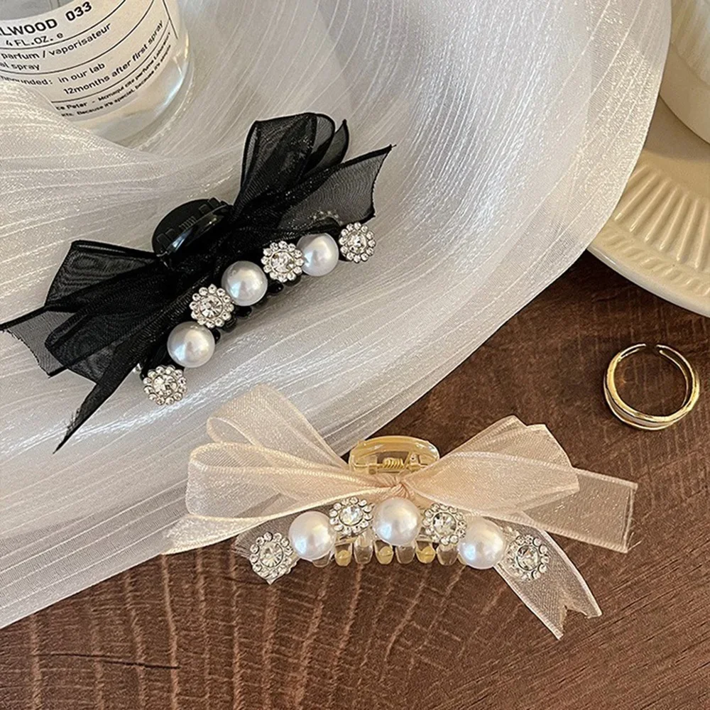 

2pcs Lace Bow Imitation Pearls for Women Hair Claw Clips Sweet Princess Headwear Fringe Hair Clips Versatile Hair Accessories