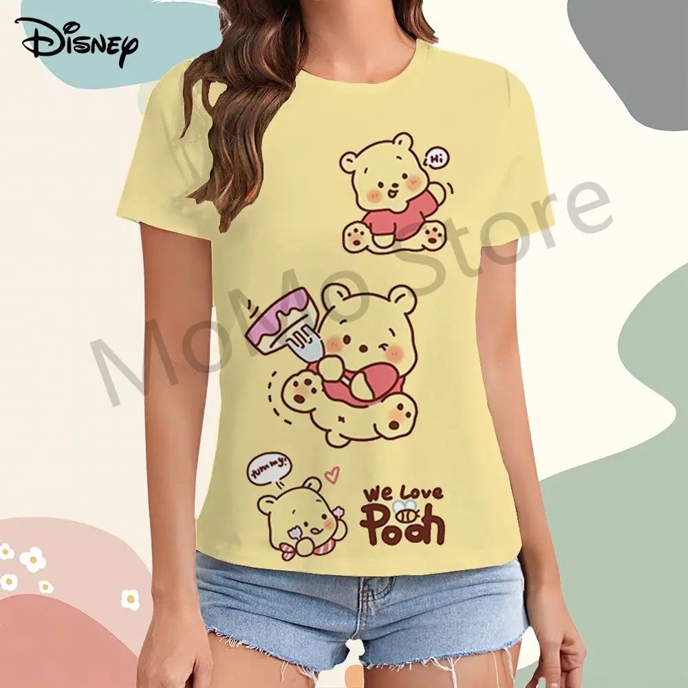 Kawaii Disney Winnie The Pooh Women's T-Shirt 2024 O Neck New Short Sleeve Tops Streetwear Cheap Clothes Lovely Y2k Summer Woman