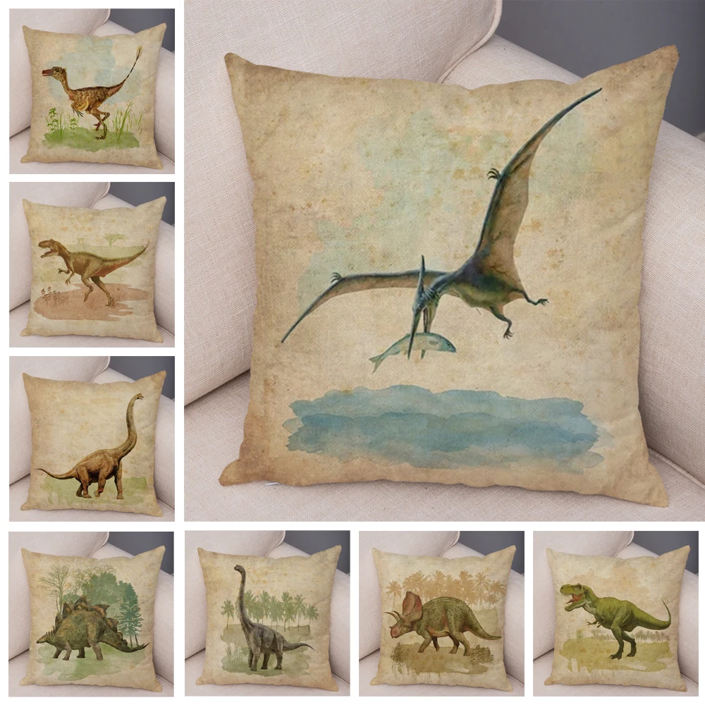 Vintage Dinosaur Throw Pillowcase Print Soft Plush Pillow Case Both Sides Decor Jurassic Animal Cushion Cover for Sofa