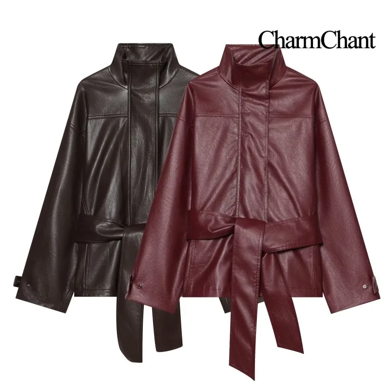 CHARMCHANT Women's Faux Leather Jacket High Stand Collar Bow Tie Waist Oversized Long Sleeve Coat Elegant Vintage Fall 2026