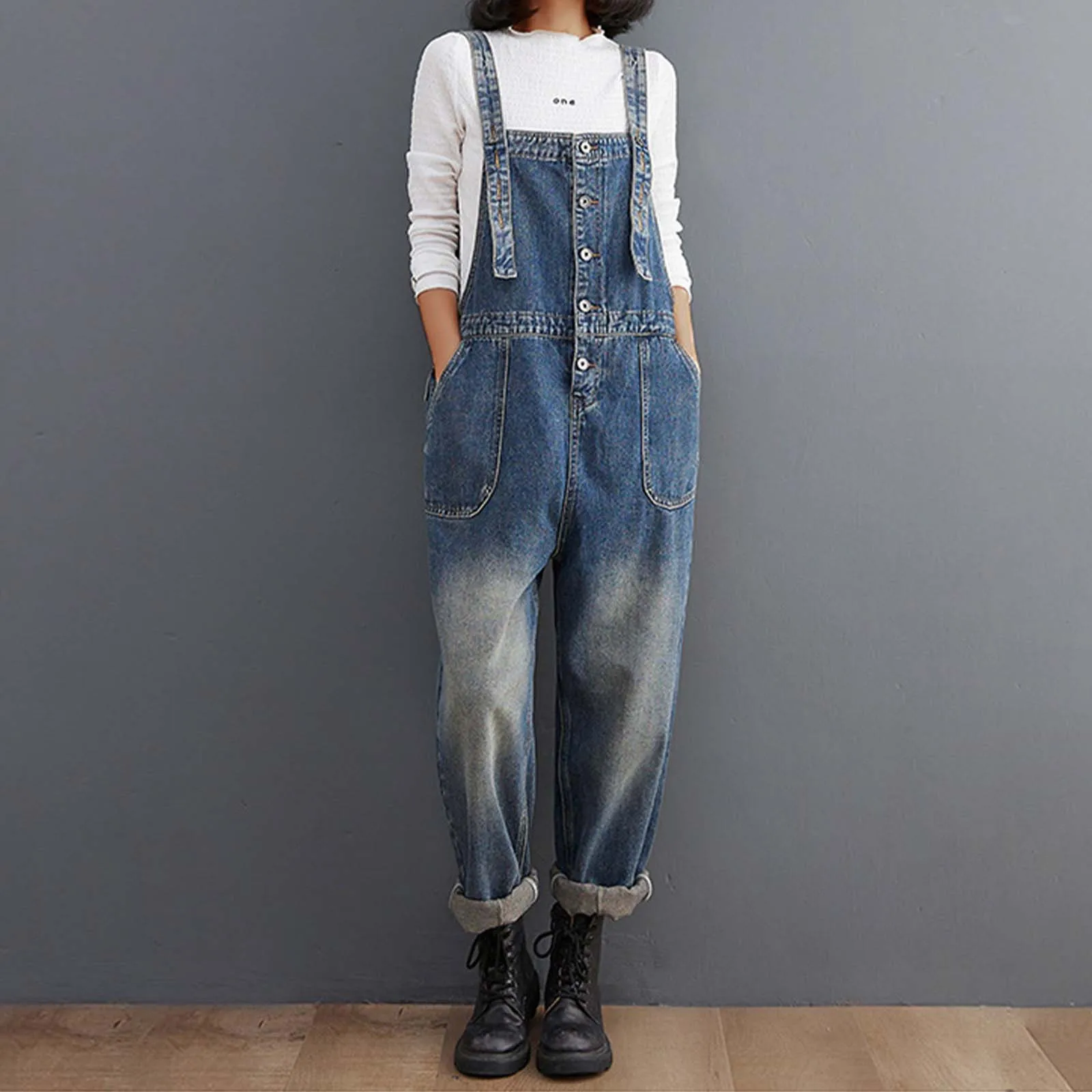 

2024 New Denim Jumpsuit Women's Overall Fashion Loose Wide Leg Pocket Button Slim Blue Suspenders Vintage Women Jumpsuits