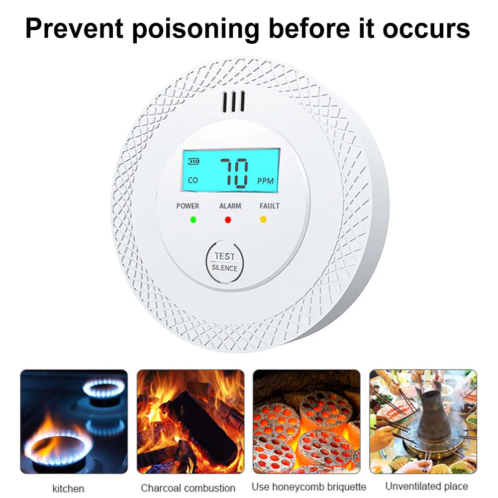 Independent CO Alarm Sensor LED Digital Display Carbon Monoxide Detector AA Battery Powered Sound & Light Warning CO Gas Monitor