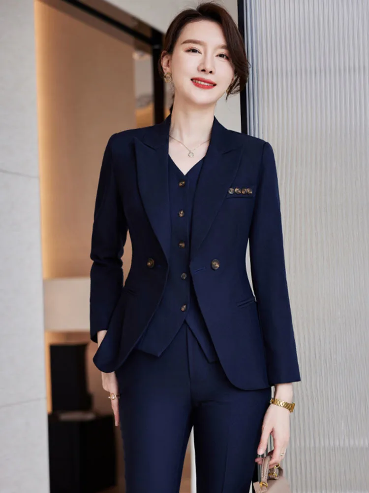 Women Formal Blazer Vest and Pant Suit Autumn Winter Navy Pink Apricot Office Ladies Business Work Career Wear 3 Pieces Set