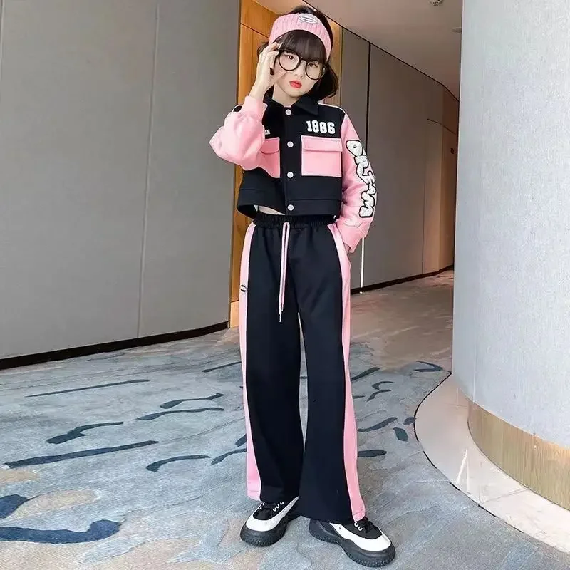 طقم معطف بأكمام طويلة وبنطال واسع للفتيات ، ملابس أطفال ، ملابس فتيات مراهقات ، رياضة ، موضة جديدة ، 2 في الخريف ، 6 ، 8 ، 10 ، 12 ، 14 سنة ،