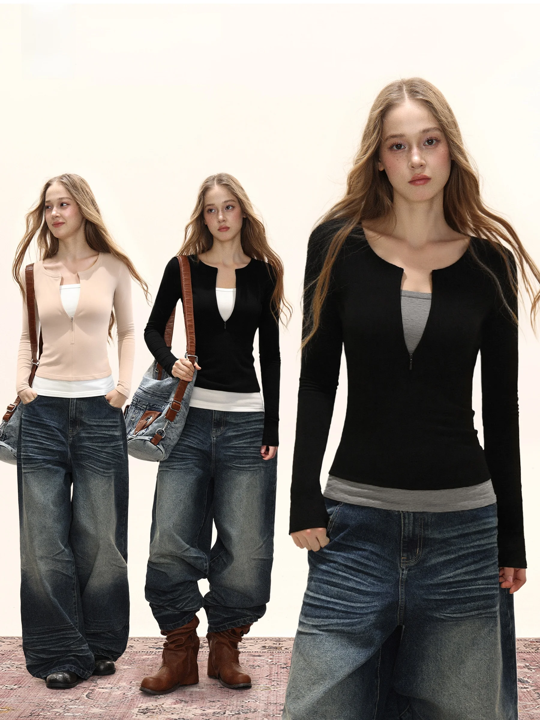 

November Flocking Long Sleeve Base Shirt Women's Spring Autumn Slim Fit Inner Wear Top Casual Style Universal Fit T-shirt