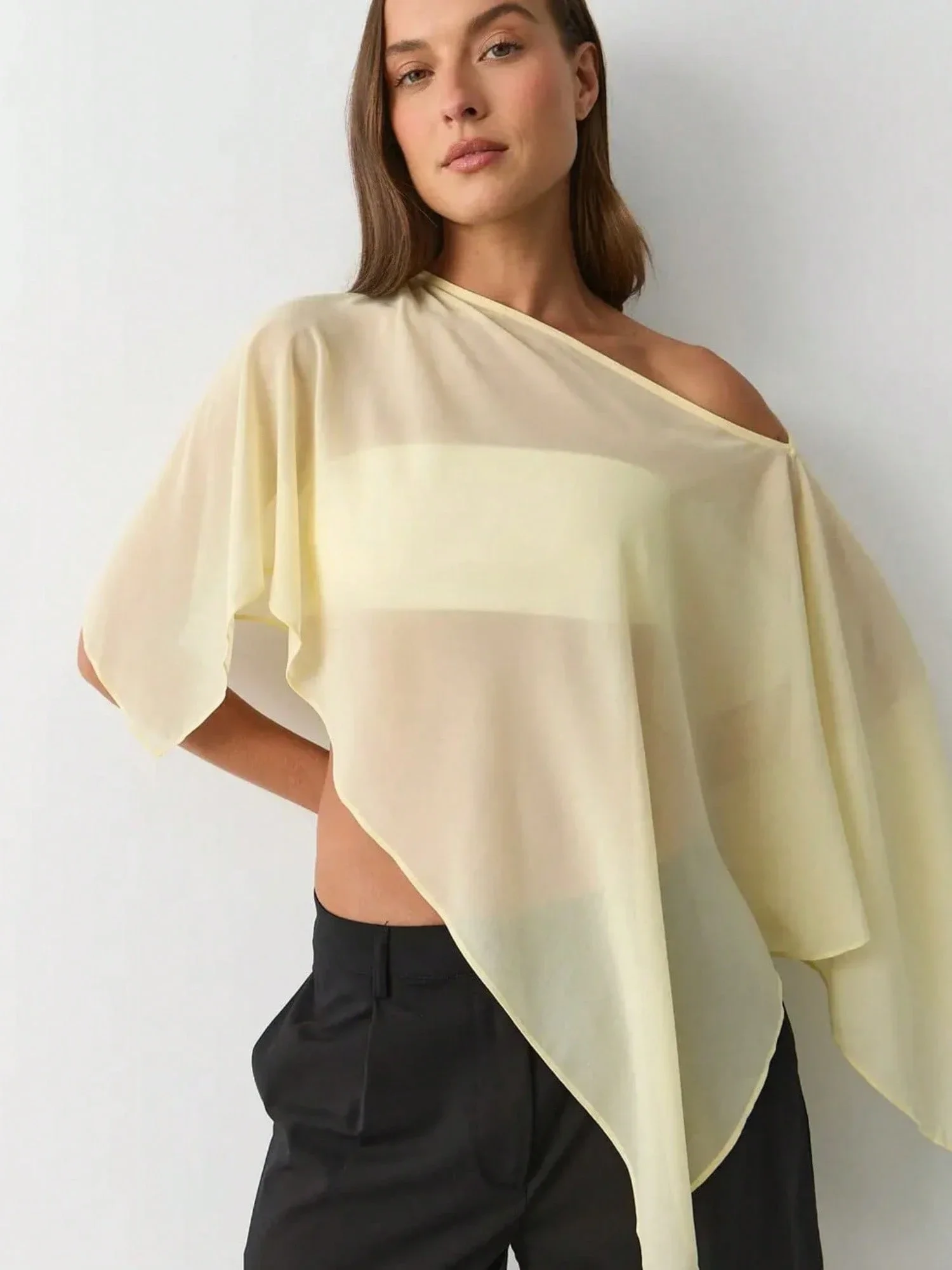 

Women One Shoulder Sheer Mesh Poncho Asymmetrical Lightweight Shawl Cover Up Top