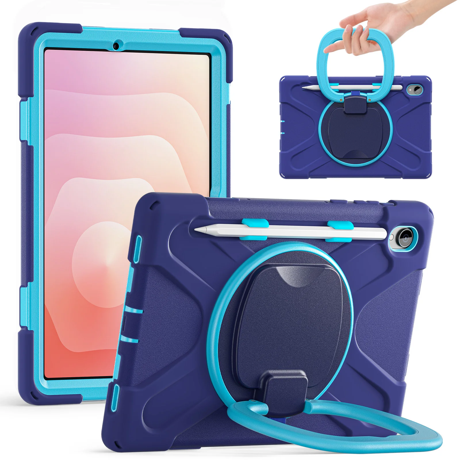 

For Samsung Galaxy Tab S11 X730 / X736 / X736B Tablet Case TPU + PC + Silicone Cover Swivel Kickstand Handle Grip - Navy Blue