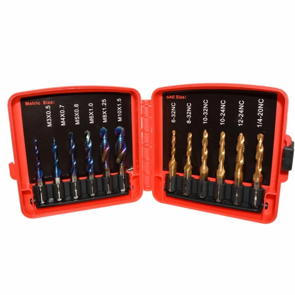 13 Pieces SAE/Metric Combination Drill & Tap Bit Set 3-in-1 Screw Tapping Bit Tool Hex Shank Drill Bits for Drilling