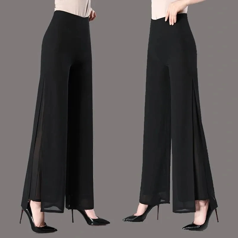 Double Layered Chiffon Wide Leg Pants For Women Spring Summer Elastic Waist Skirt Pants Korean Split Elegant Straight Trousers