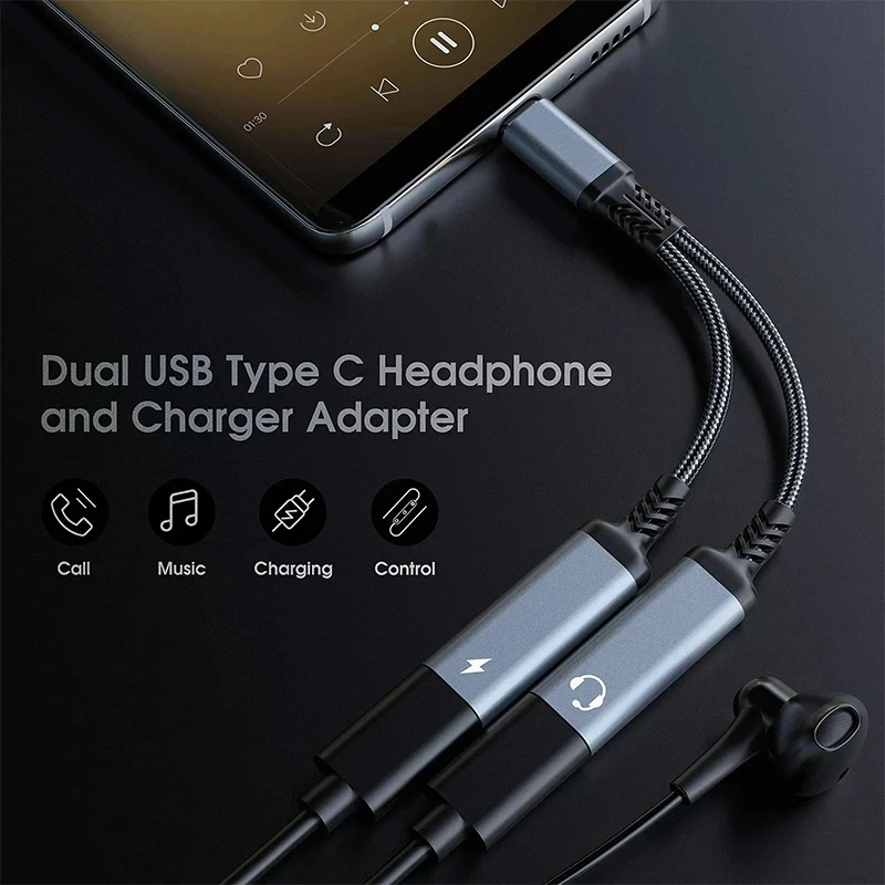 USB Type C to 3.5mm 2 in 1 Headphones Jack Audio Adapter PD 60W Fast Charging Cable For Samsung S24 S23 Xiaomi 14 Redmi Huawei