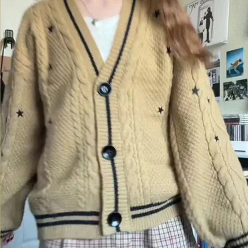 

Женский кардиган-свитер с V-образным вырезом, длинными рукавами, вышивкой в виде звезд, на одной пуговице, свободного кроя, повседневный