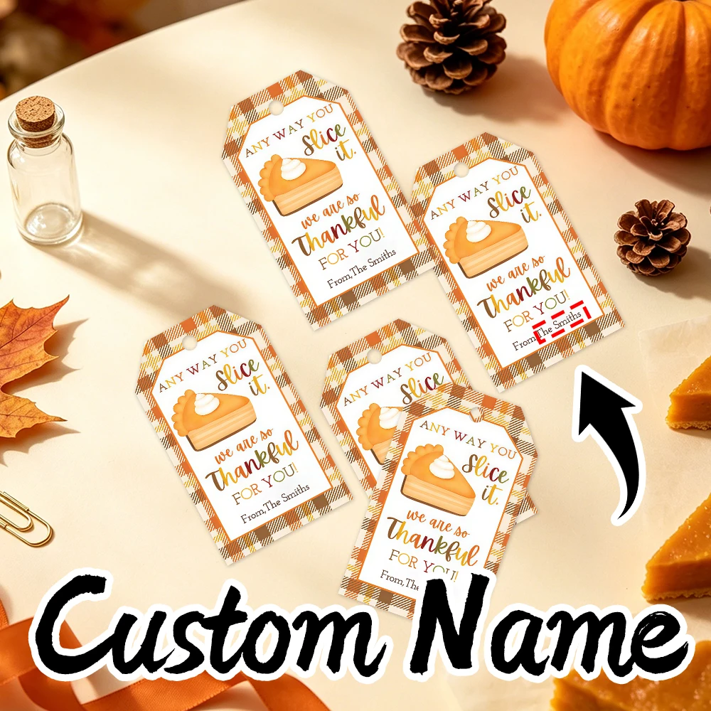 20pcs Custom Name Thanksgiving Pumpkin Pie Gift Tags, Orange Plaid Fall Pie Hang Labels for Autumn Thanksgiving Present Wrapping