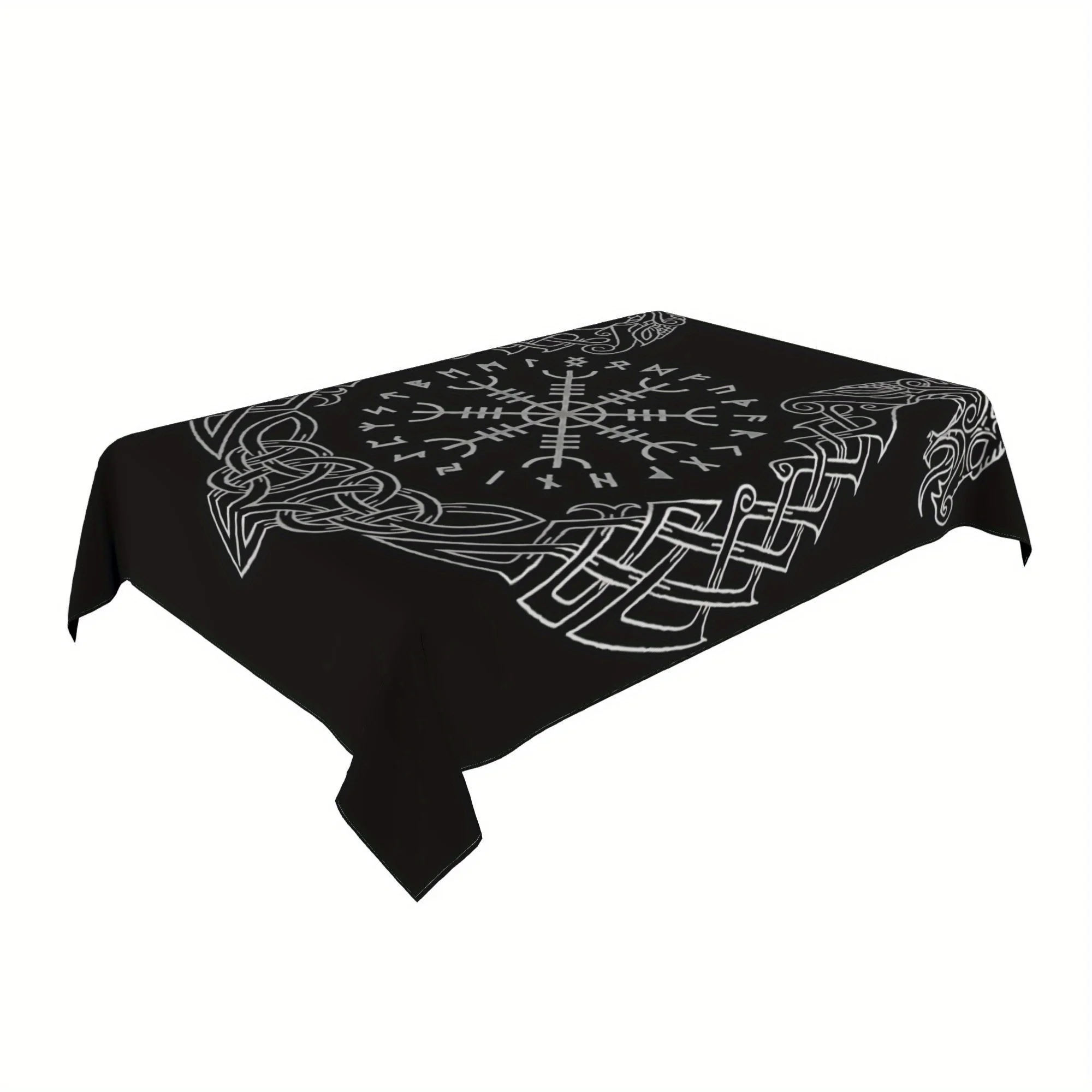 Viking Rune Compass Tablecloth, Black With White Norse Celtic Knot Print Rectangular Table Cover for Dining Kitchen Home Decor