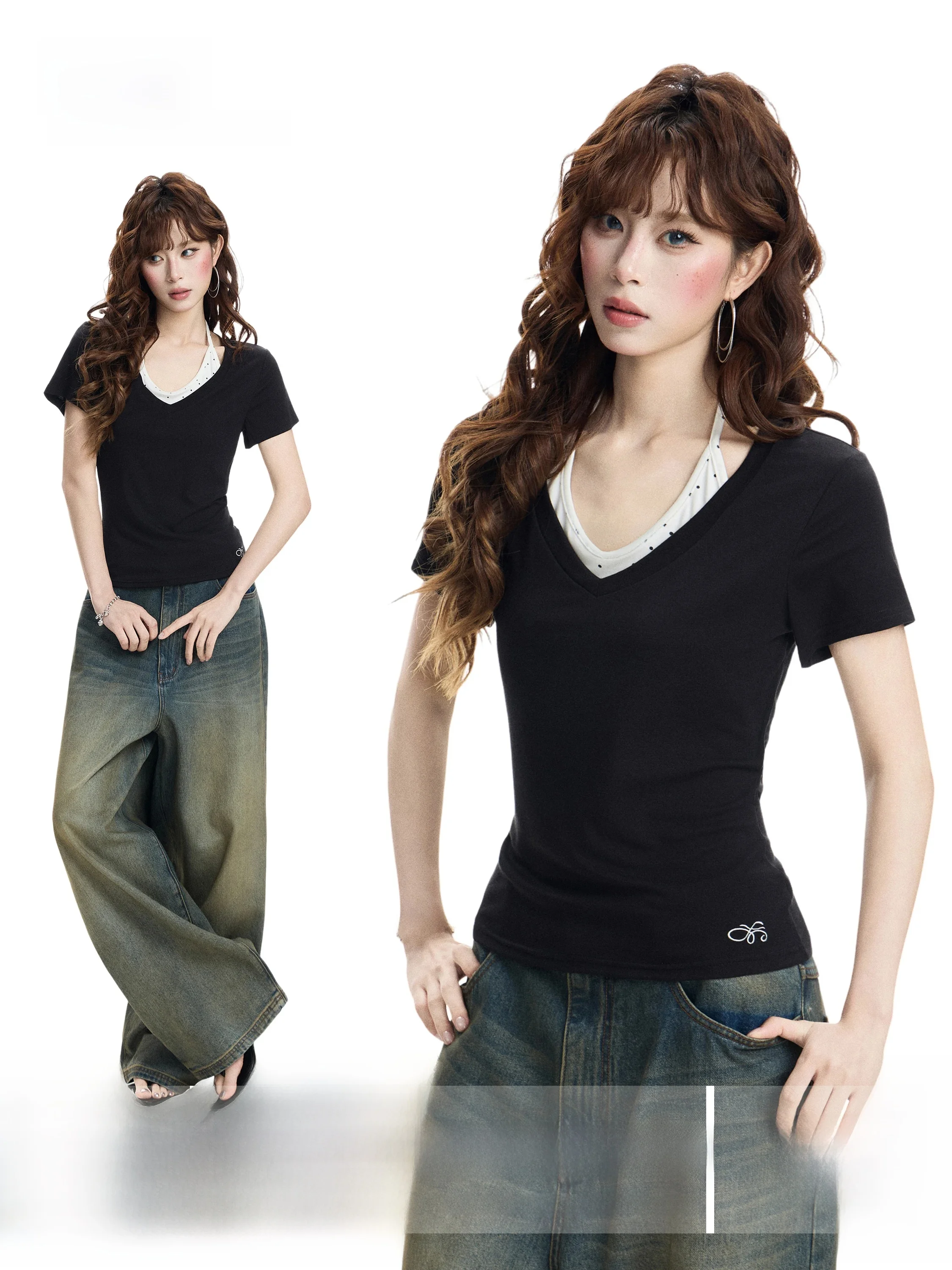 Black Polka Dot V-Neck Short Sleeve T-Shirt Women's Summer Slimming Short Design Sense Top Korean Style Commute Wind