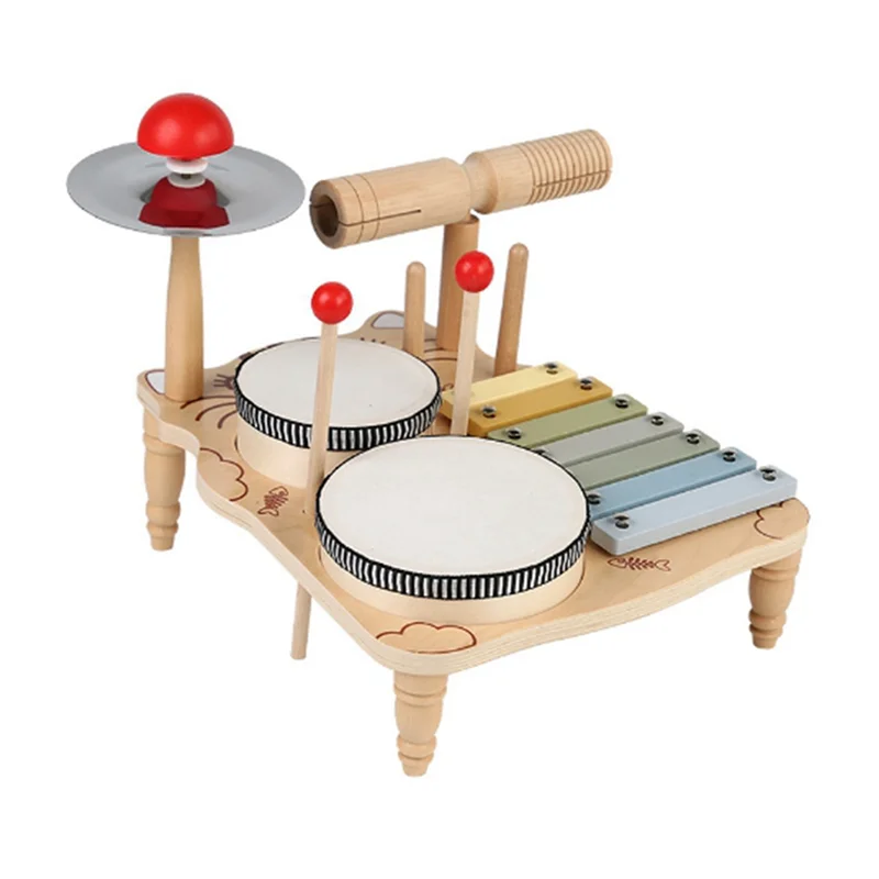 B78B-Kids Drum Set For Toddlers Wooden Early Education Beginner Percussion Music Table Children's Drum Rack Set Durable Easy To
