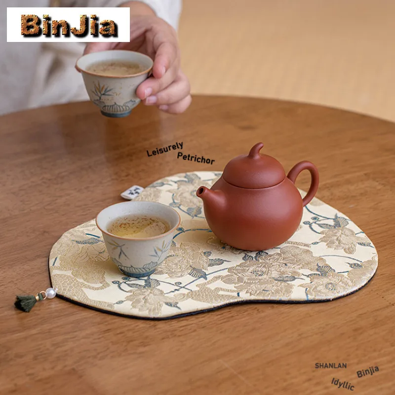 Brocade Gourd Double-sided Tea Table Mats Handmade Tea Tray Napkin Cloth Drink Coaster Dinner Table Cloth Mat Tea Ceremony Craft view 5