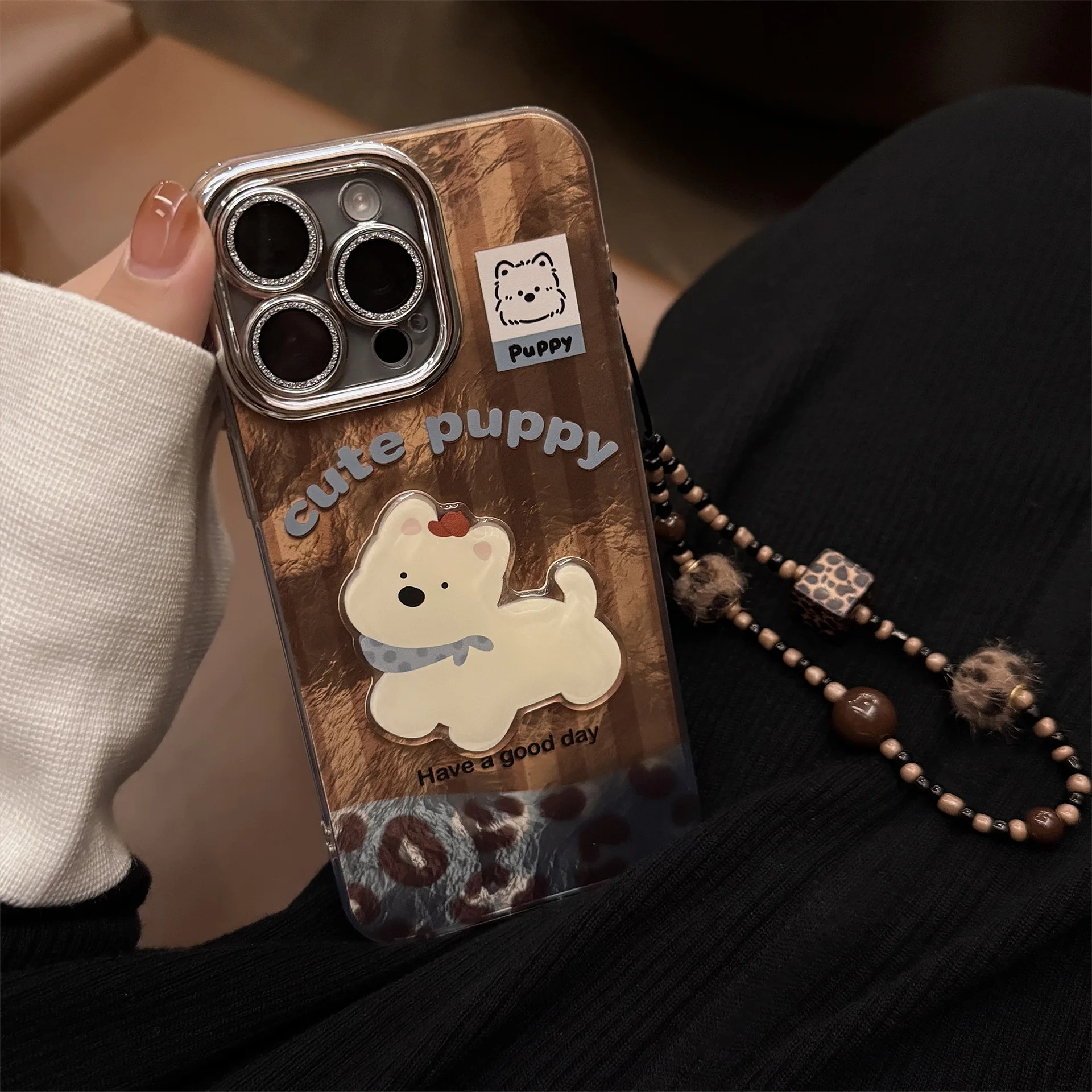 Koreanische Handyhülle mit Leopardenmuster und Cartoon-Welpen-Motiv für iPhone 17 Air 16 15 14 13 12 11 Pro Max mit Kette, stoßfest