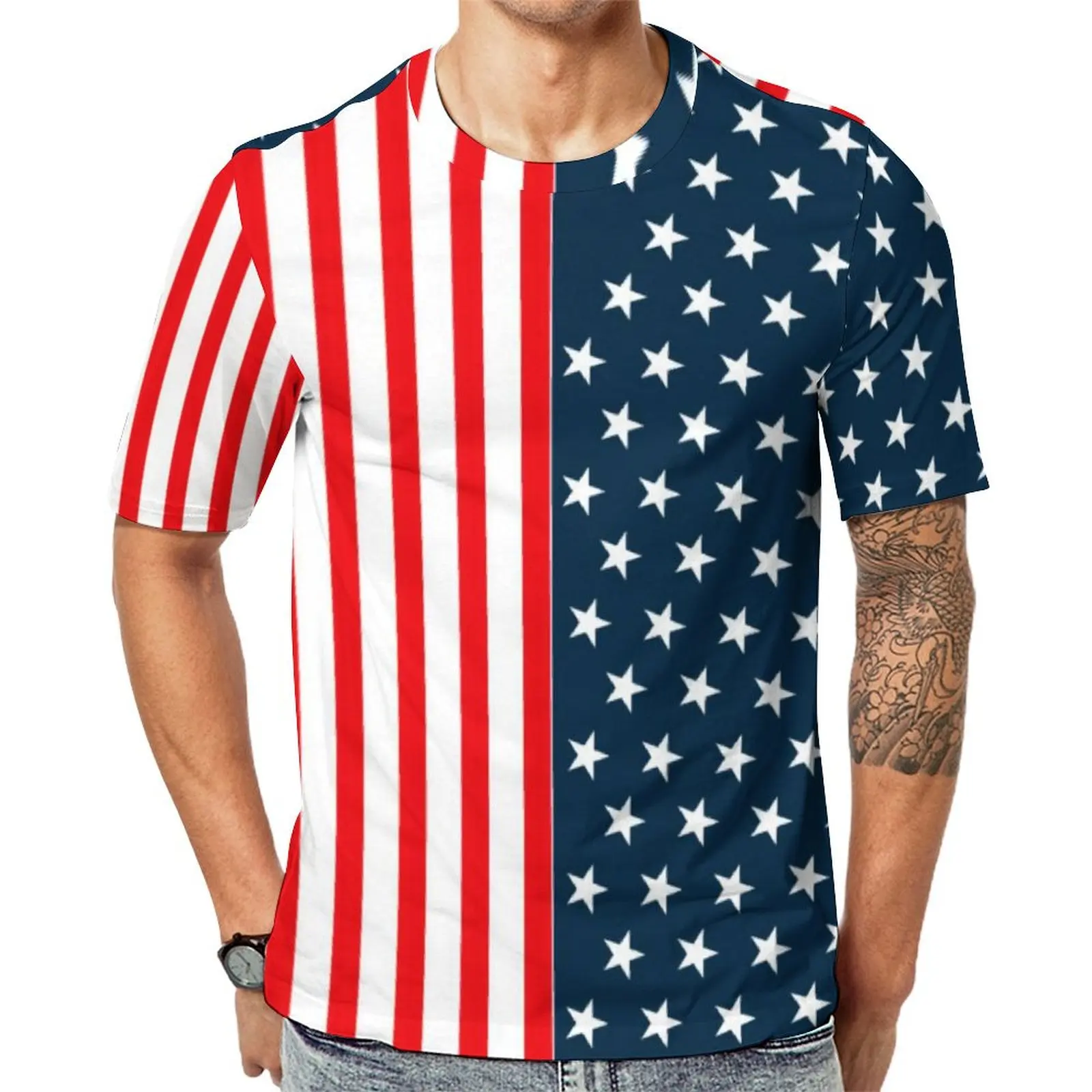 Two Tone Striped T Shirt American Flag Stars and Stripes Harajuku T-Shirts Man Classic Tshirt Short Sleeve Design Top Tees