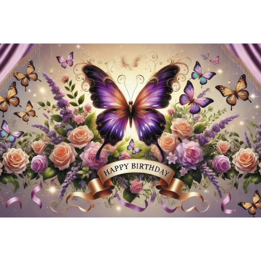 Butterfly Birthday Backdrop Balloon Crown Colorful Flowers Adults Kids Birthday Party Decorations Backgrounds for Photographs