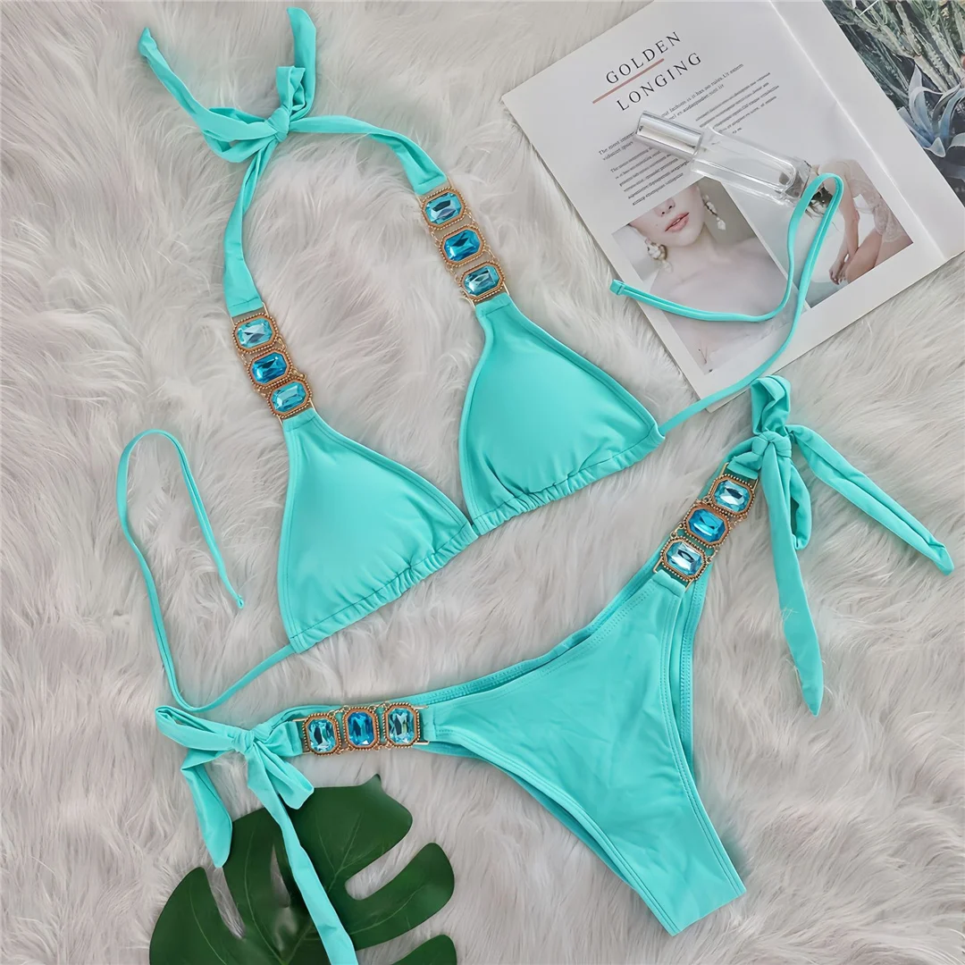 10 Farben Diamant-Strass-Steine Neckholder-Bikini Damen-Badebekleidung Zweiteiliger Bikini-Set Badeanzug Badebekleidung V6194 – Detail 15