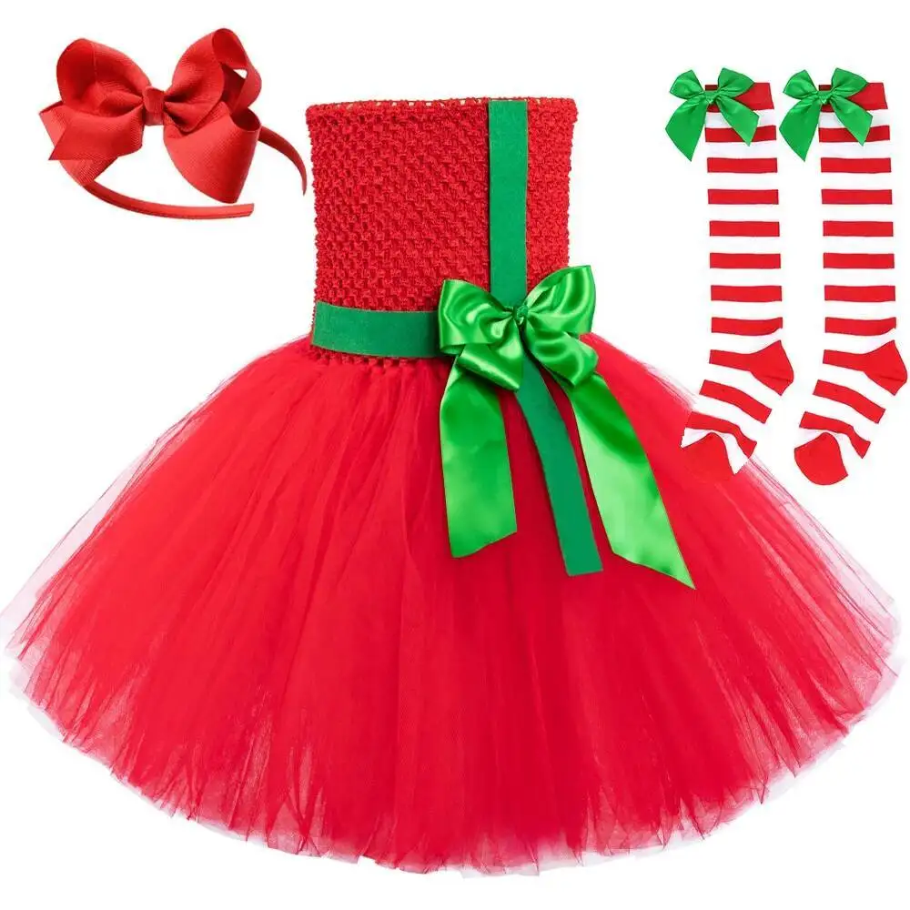 

Red Christmas Lined Dresses for Girls Xmas Carnival Costumes for Kids New Years Clothes Children Holiday Outfit with Stocking
