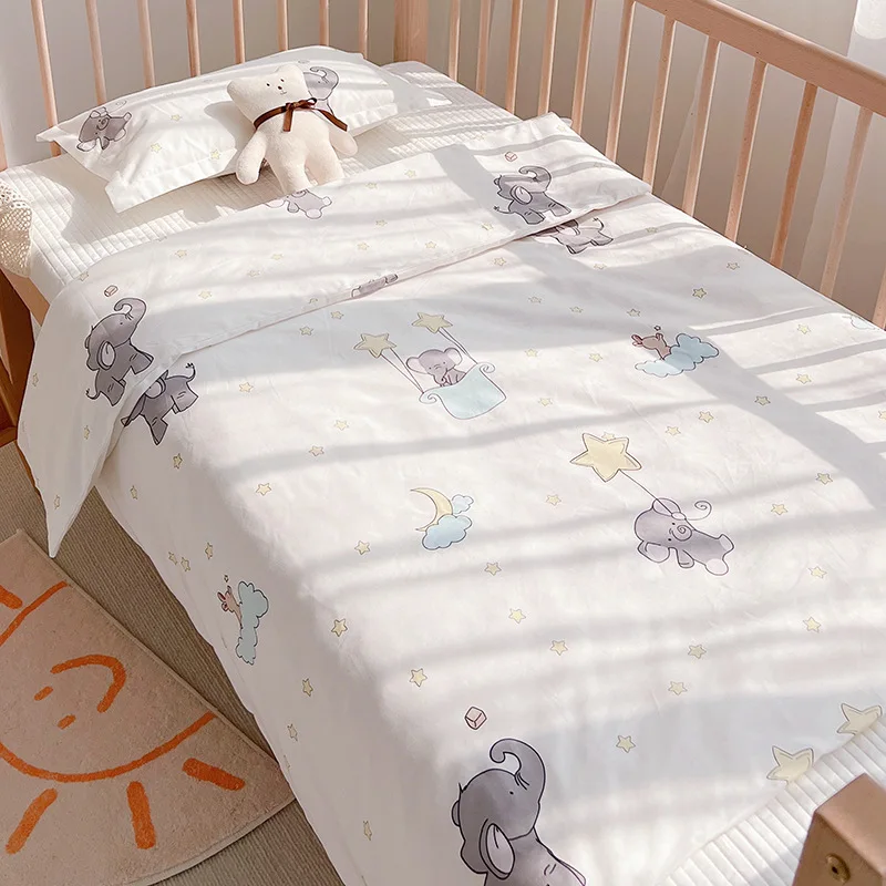 3Pcs Set Baby Crib Beddigns For Newborn Infant Toddlers Cotton Cartoon Printing Duvet Cover Case Pillowcase Flat Sheet Bed Linen