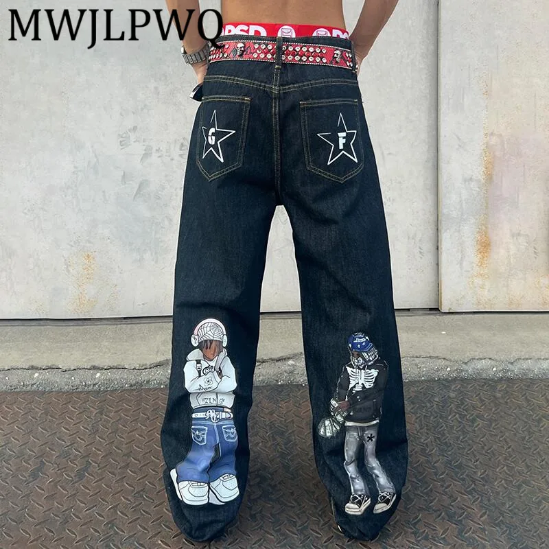 

MWJLPWQ уличные прямые джинсы с принтом, мужские уличные унисекс трендовые нишевые свободные длинные брюки в стиле хип-хоп в американском стиле Niched 12466