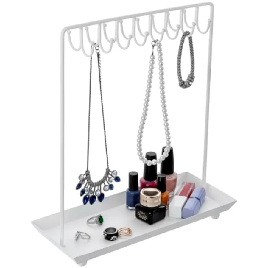 

White Metal Jewelry Organizer Stand for Necklaces with 20 Hooks and Ring Tray