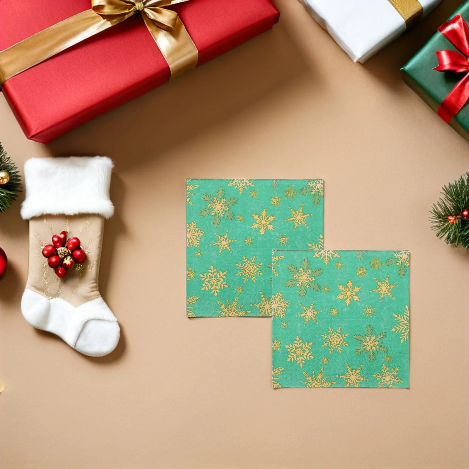 

100Pcs Festive Napkins Disposable Red Green Snowflake Paper Dinner Napkins Christmas Table Setting Holiday Party Supplies