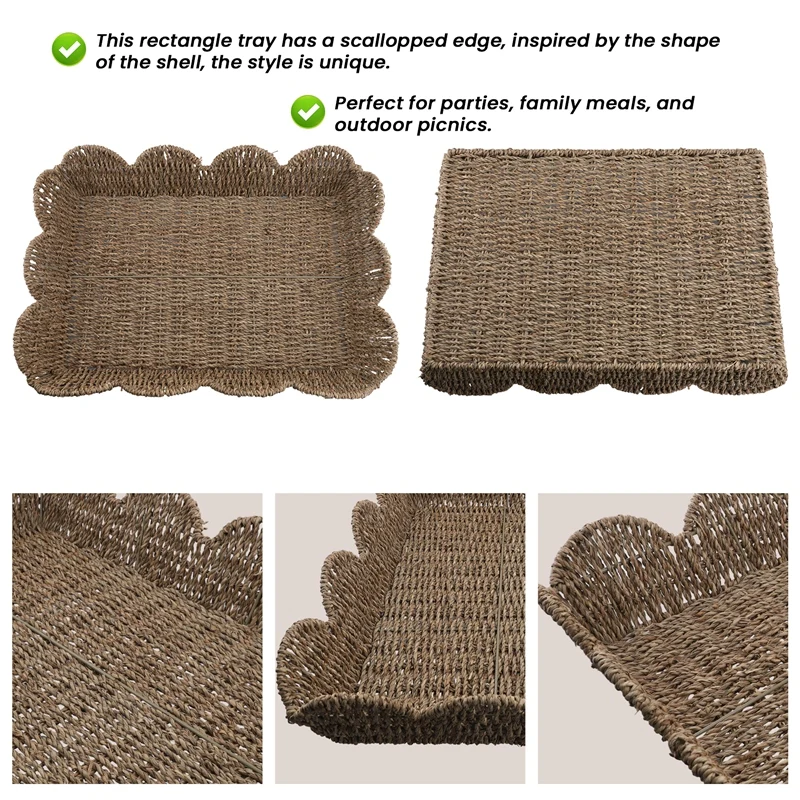 صينية حافة كبيرة على شكل مروحة من الخوص، صينية مستطيلة، صينية منسوجة يدويًا على شكل مروحة، صينية خوص مزخرفة