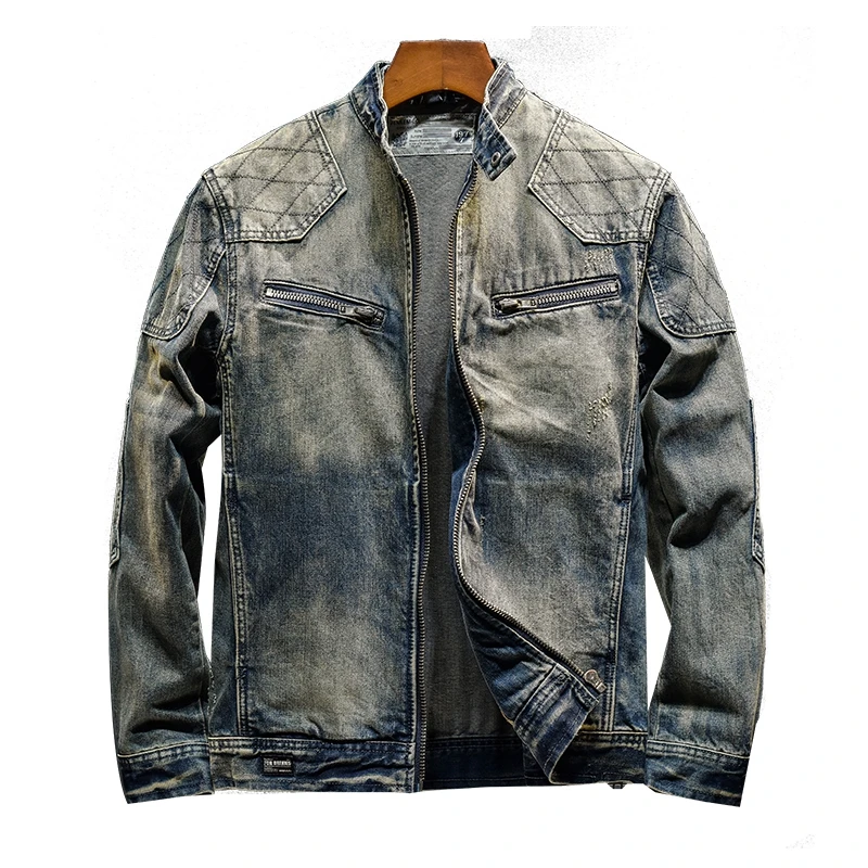 

Vintage shawl stitching denim jacket for men stand-up collar slim fit handsome casual nostalgic washed street motorcycle jacket