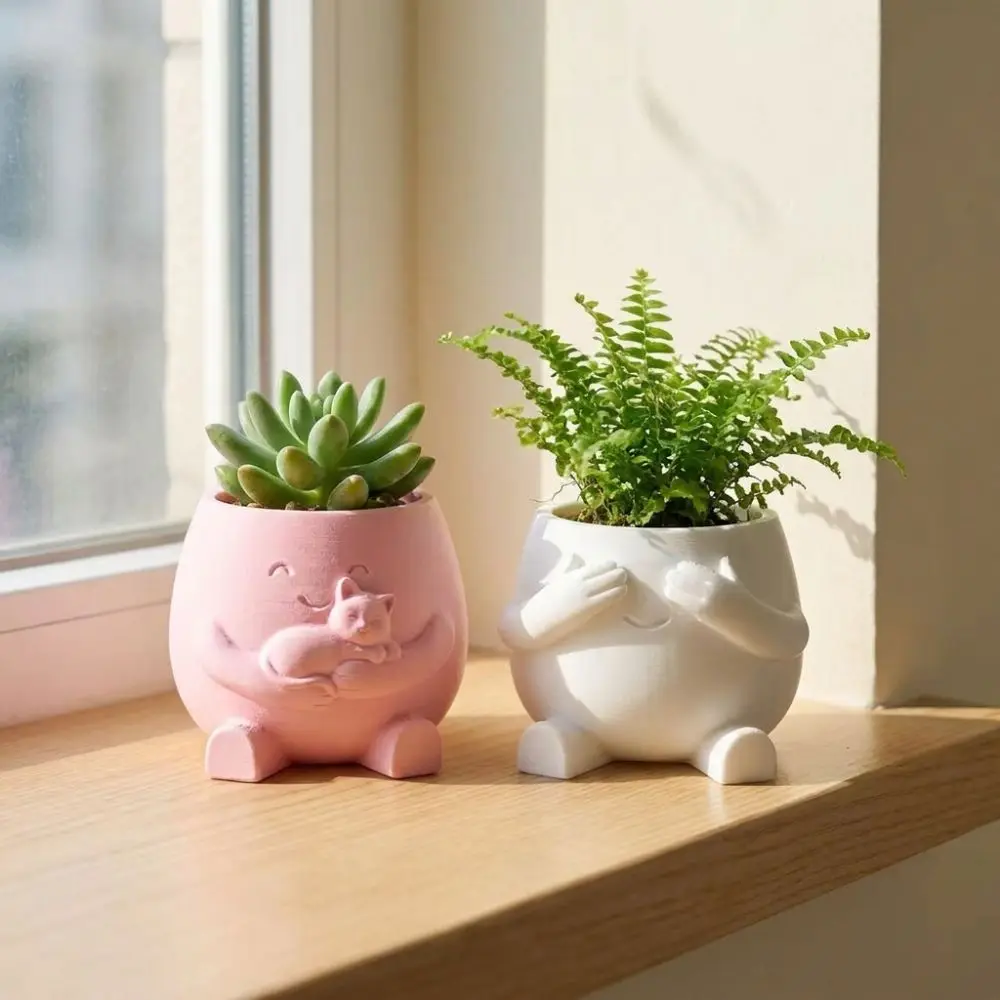 3D Printed Hugging Cat Succulent Planter Pot Cartoon Happy Expression Face Succulent Planter Lifelike Novelty