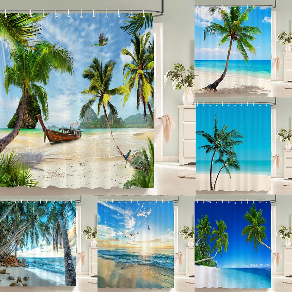 High Quality Sunny Beach Printed Fabric Shower Curtains Sea Scenery Bath Screen Waterproof Products Bathroom Decor with 12 Hooks