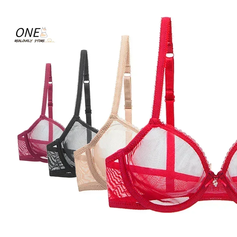 New Red Transparent Bras For Women Plus Size Lingerie Push Up Lace Mesh Girls Bra Top See Through White Black 40 42 A B C D