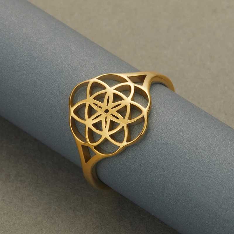 Anillo Kinitial de geometría sagrada, flor de la vida, amuleto de Mandala para mujer, joyería, anillos de loto de semilla de la vida